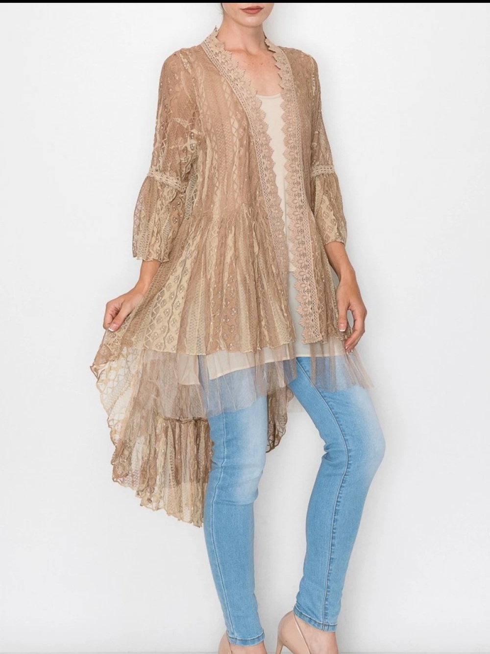 NWT Origami kimono Lace cardigan beige nude waterfall Front- layered‎ tiers XXL - Picture 4 of 16